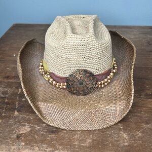 Bullhide Straw Cowboy Hat with medallion, leather, and bead accents small